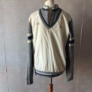 Louis Castel Mens Ivory Gray Golf Wool Wind Resistant Lined 1/4 Zip Sweater Sz L